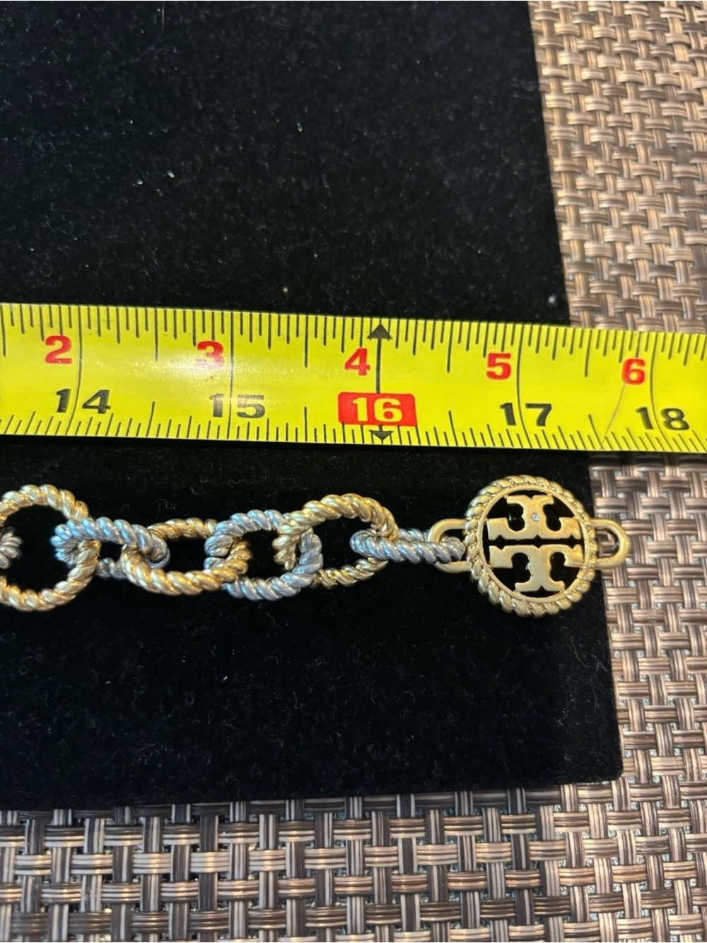 Tory Burch Two-Tone Gold and Silver Rope Chain Necklace with Logo Medallion - Picture 4 of 4